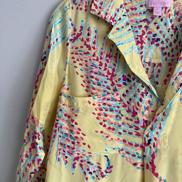 Lilly Pulitzer 100% Silk Top Yellow Printed Long Sleeve Blouse Colorful Size Med - Picture 3 of 12